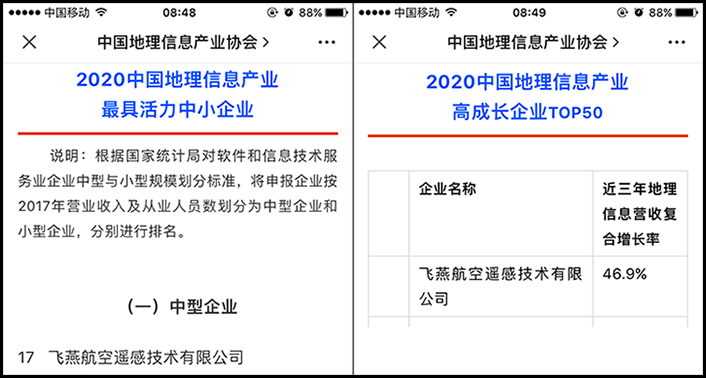 喜訊丨飛燕遙感榮獲2020中國地理信息產業最具活力中型企業榮譽稱號，榮耀入選2020中國地理信息產業高成長企業TOP50！